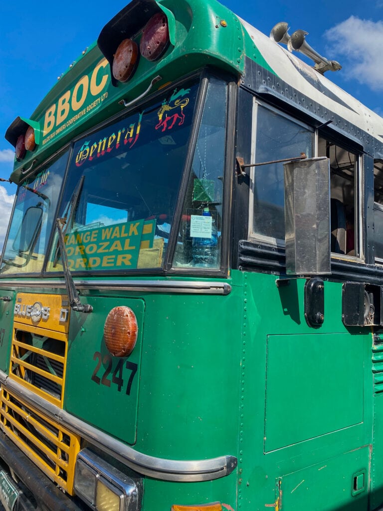 Green bus - chicken bus from Belize city to the Belize Mexico border