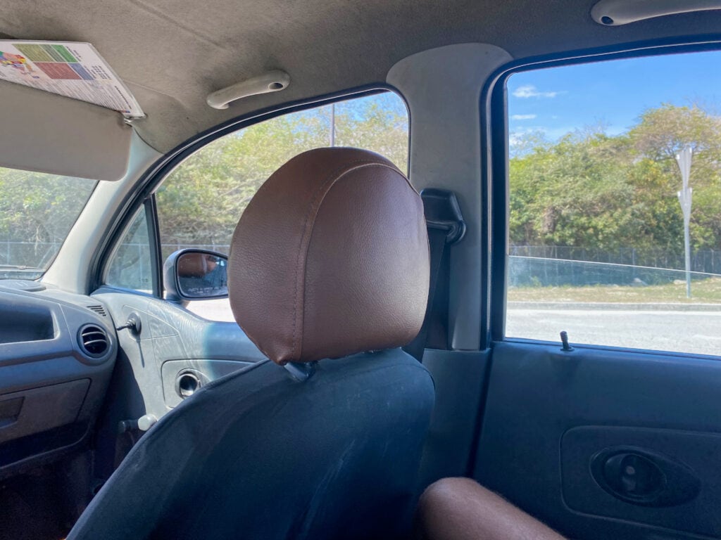 Inside of a taxi. Outside the window are green trees and blue sky.