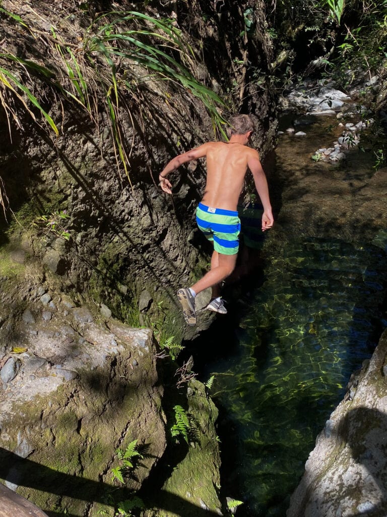 A white man in blue striped shorts jumps off a cliff into the pool below.