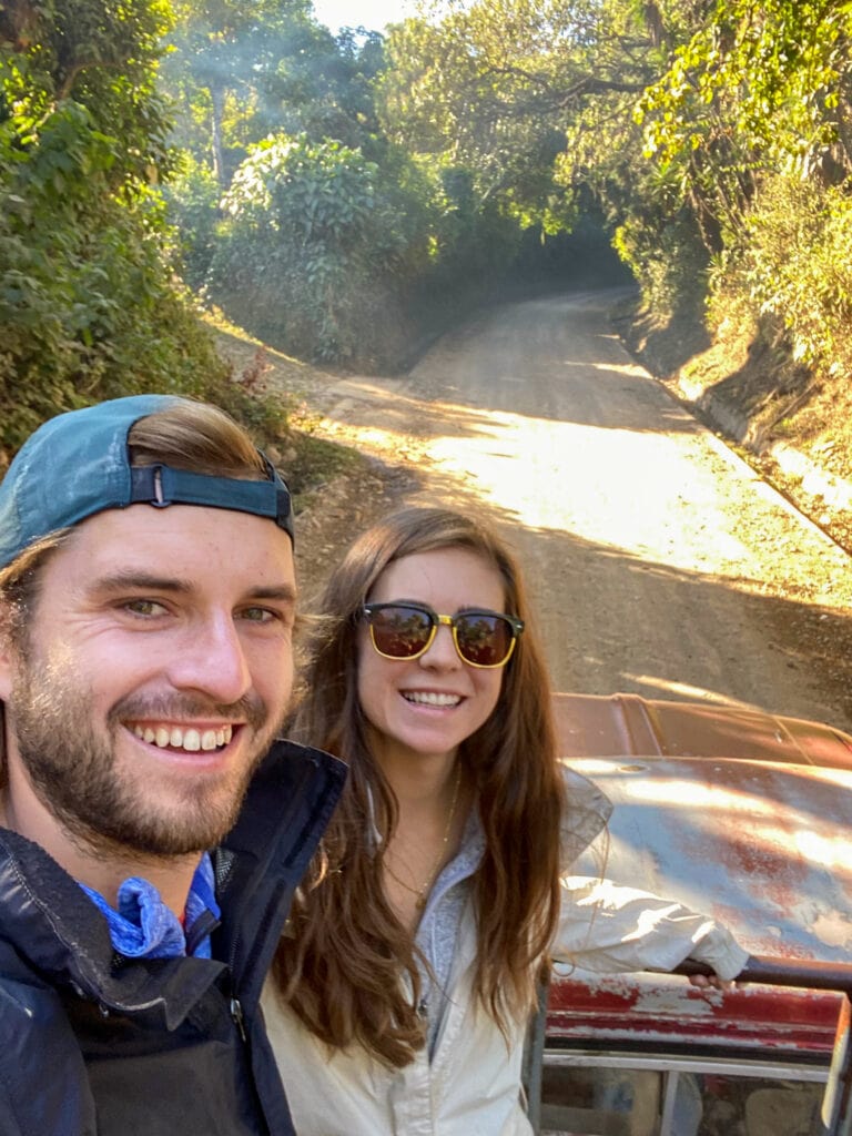 A selfie of Dan and Sarah in the pickup truck bed.