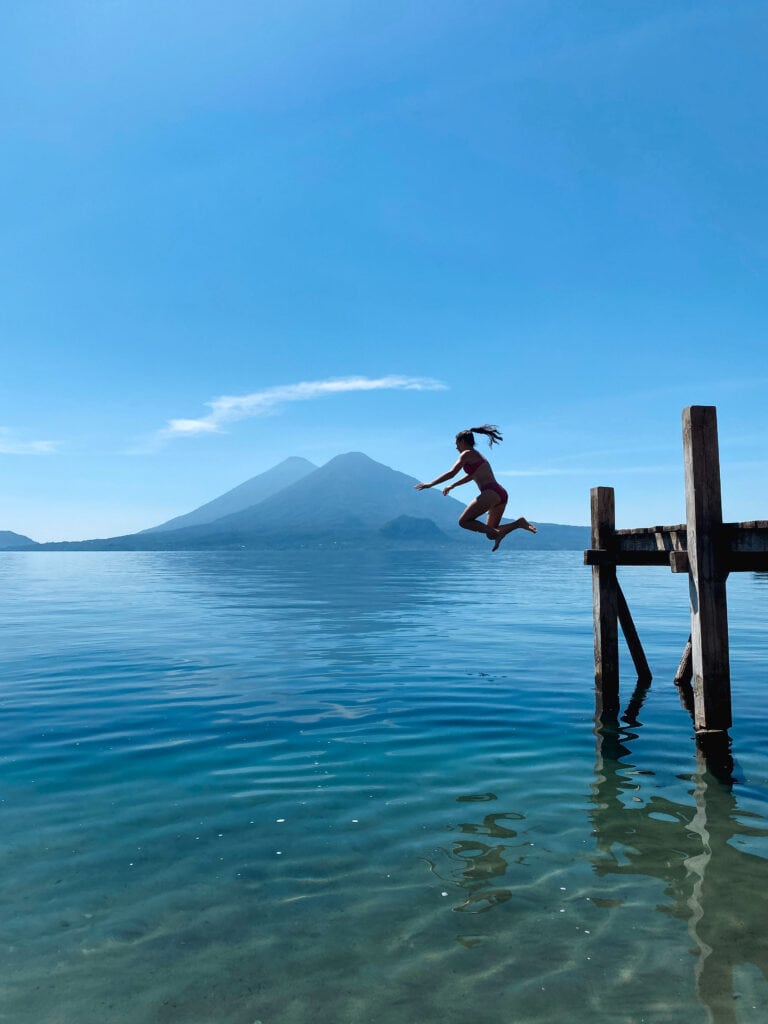 Jumping off a dock into Lake Atitlan.