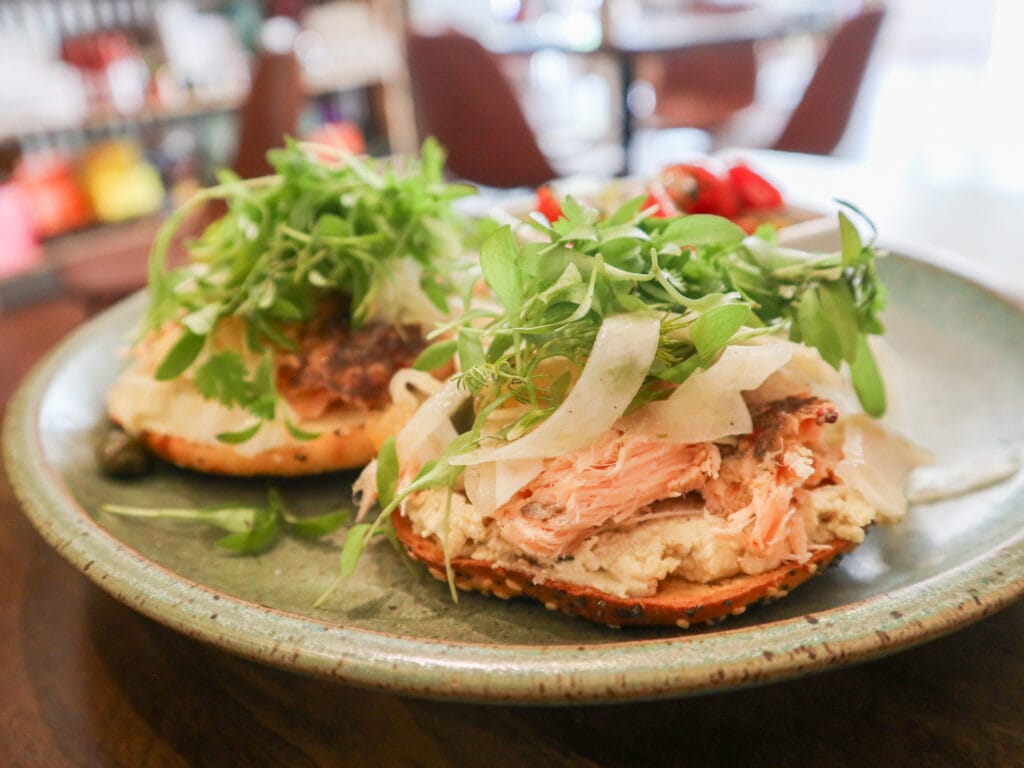 Gluten free key west fl restaurant Green Pineapple is 99% gluten free. Pictured is an open face salmon bagel.