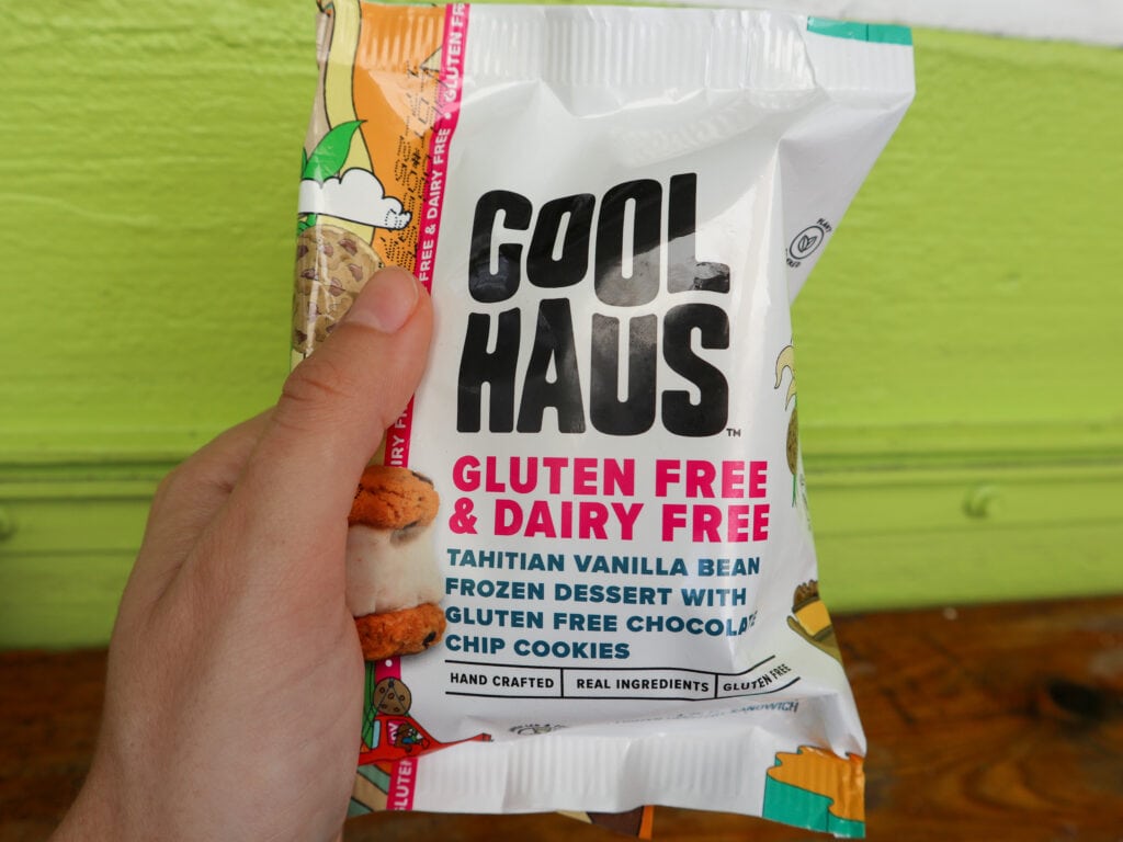 the wrapper of a cool haus gluten free ice cream sandwich.
