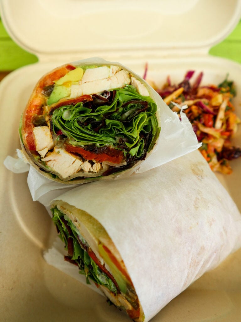 A gluten free spicy chicken wrap 