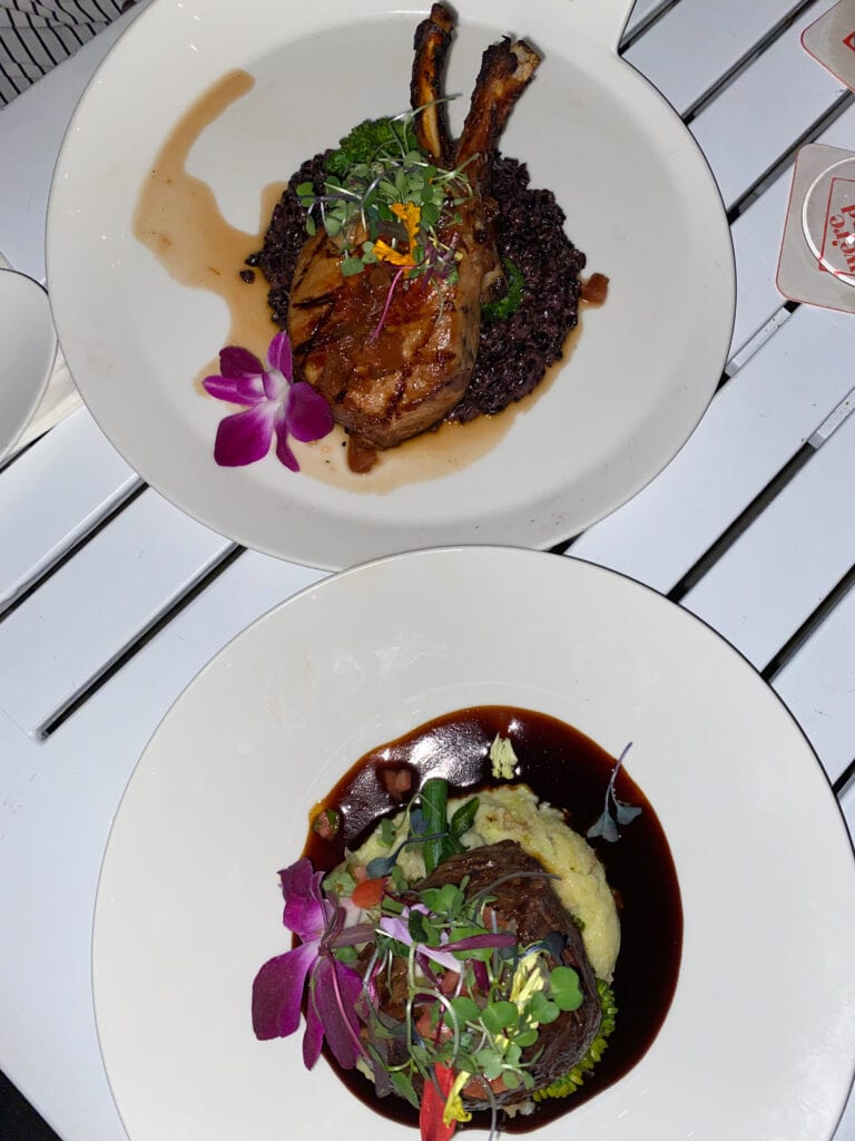 Aerial view of two plates one is filet mignon and the other is a pork chop.