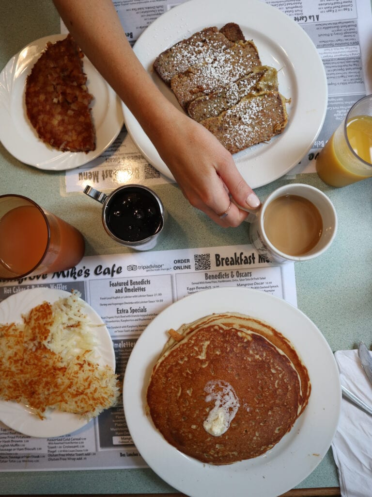 An aerial shot of a gluten free diner with gluten free pancakes and gluten free french toast in florida keys.