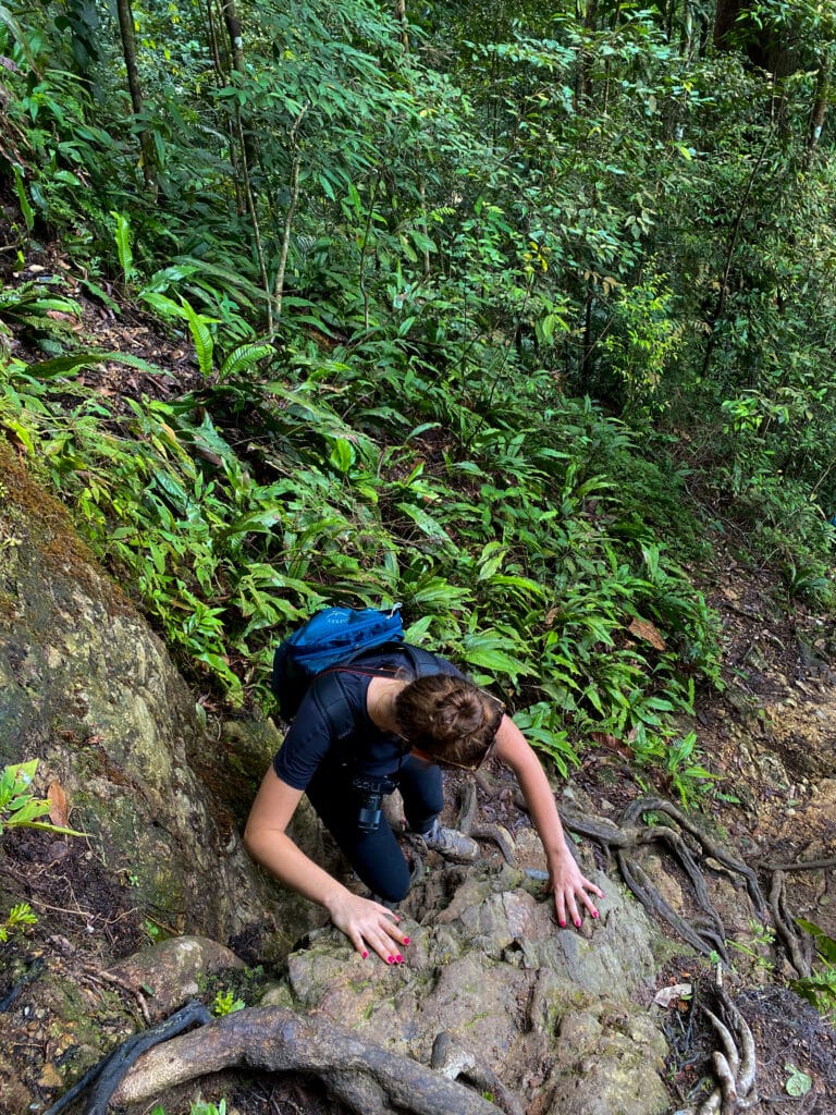 Sarah climbs down rocks.