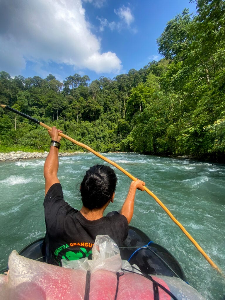 Tyson guiding the river tubes in Bukit Lawang with long stick