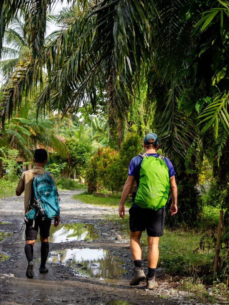 Dan and trekking guide walk away from camera down a path with palm trees.