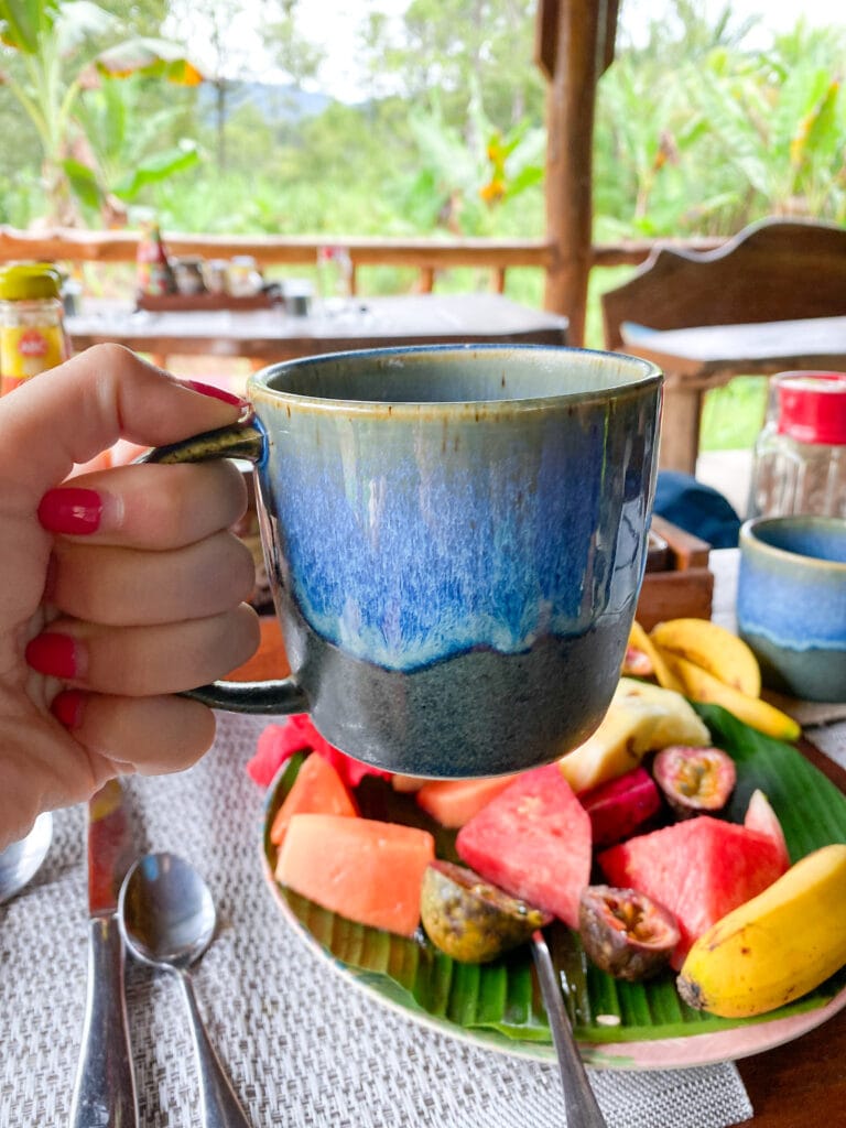 Coffee cup with fruit and jungle in background