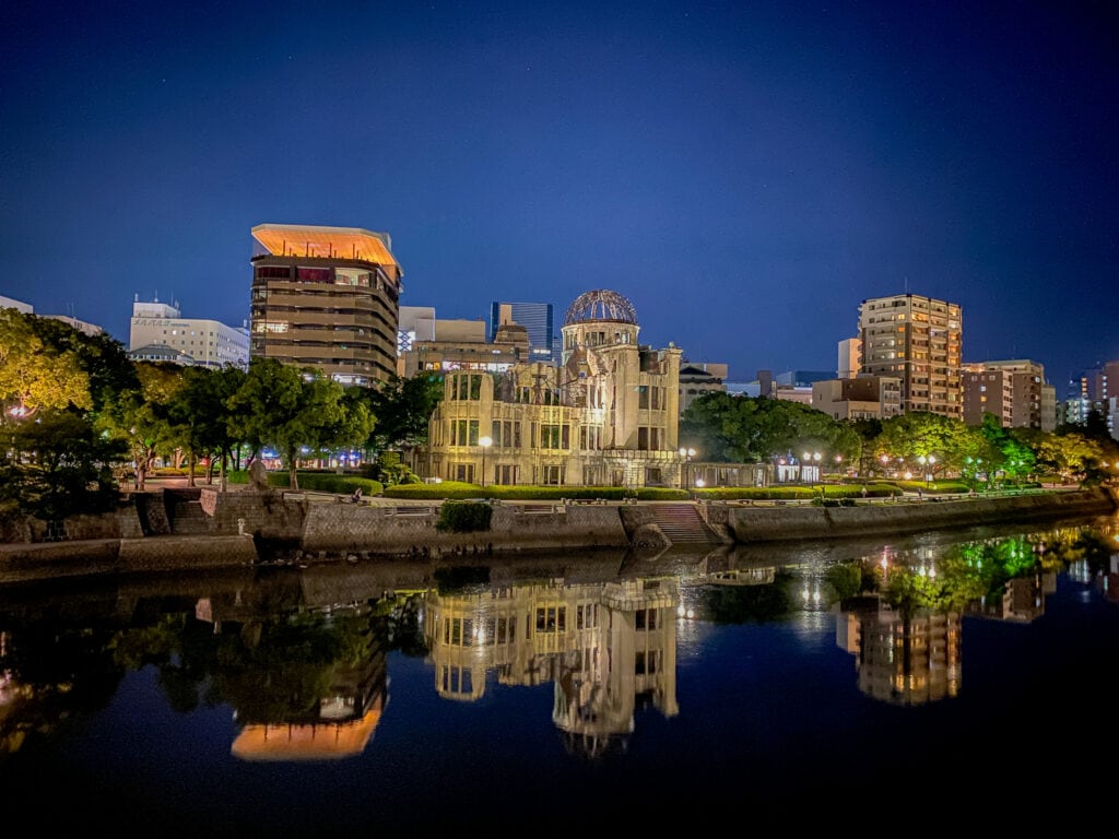 Hiroshima A-bomb dome at night.