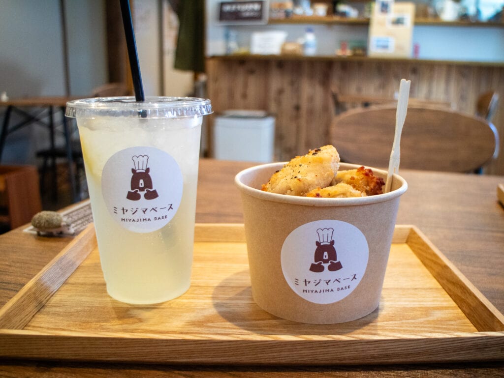 Lemonade an a bucket of fried chicken on miyajima island