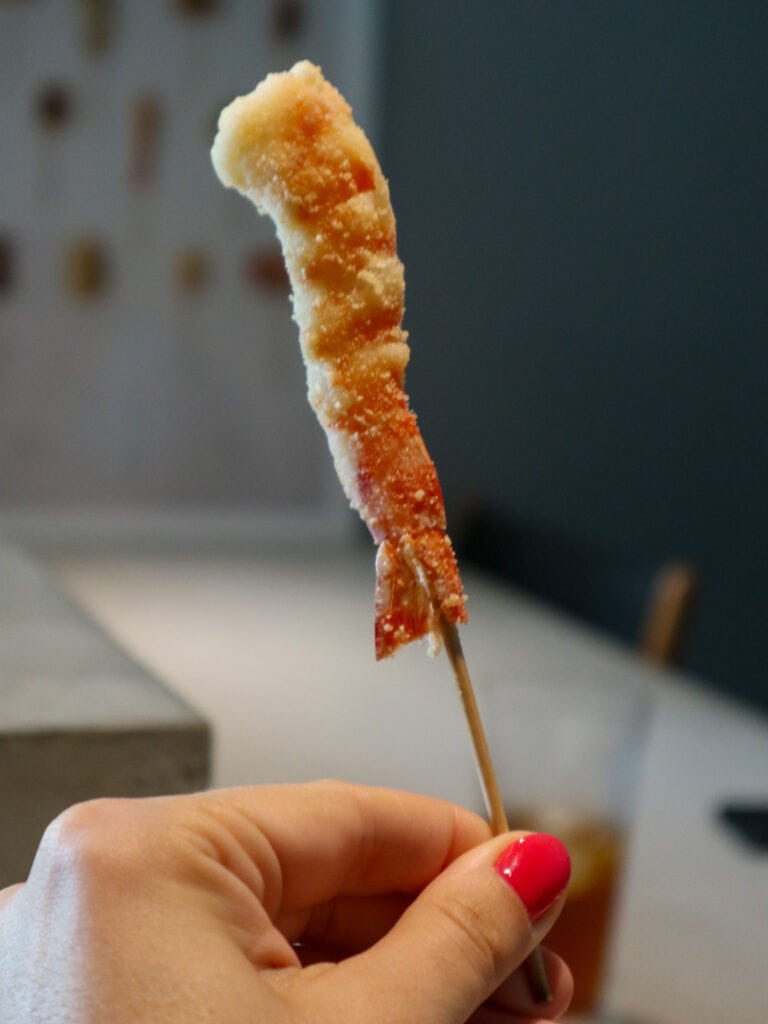 Gluten free kushiage - shrimp skewer.