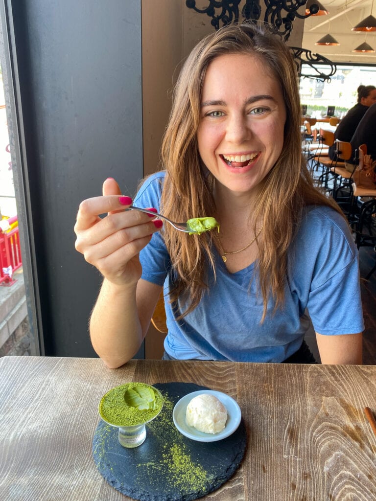 Sarah smiles with green tea terrine.