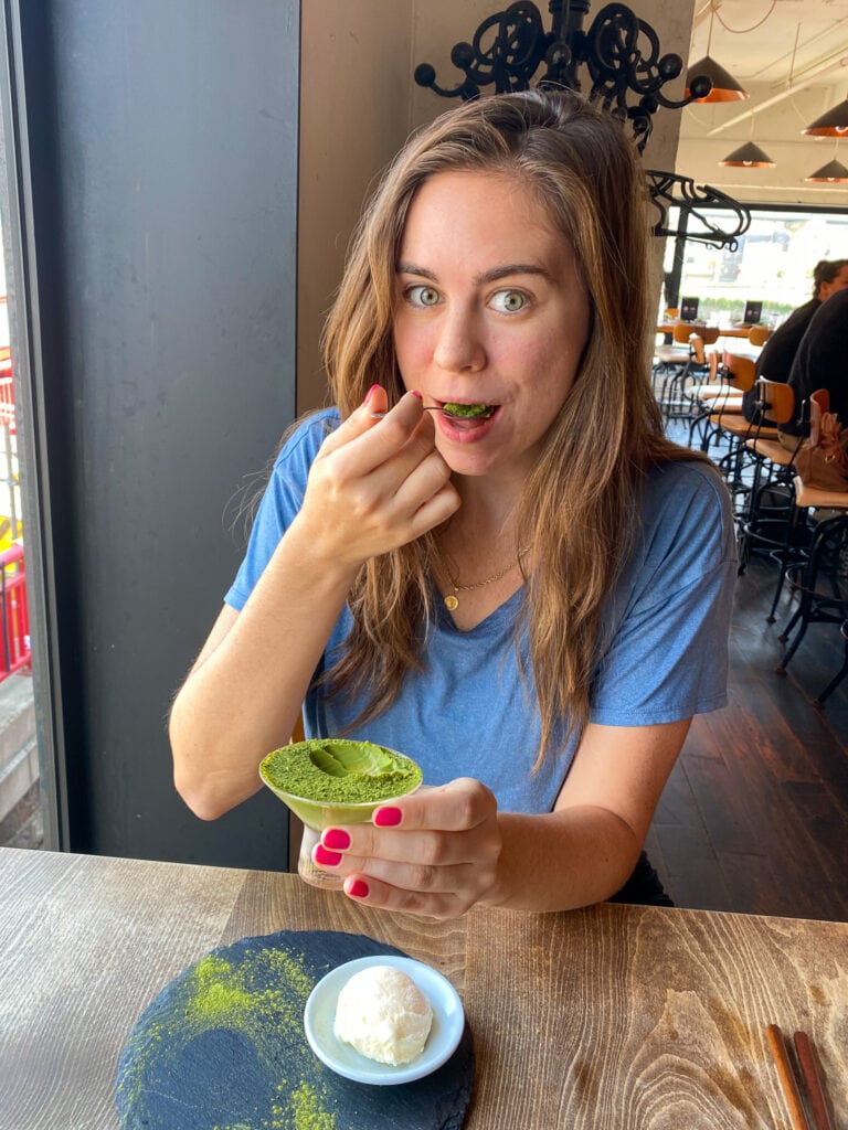 Sarah eating green tea terrine.