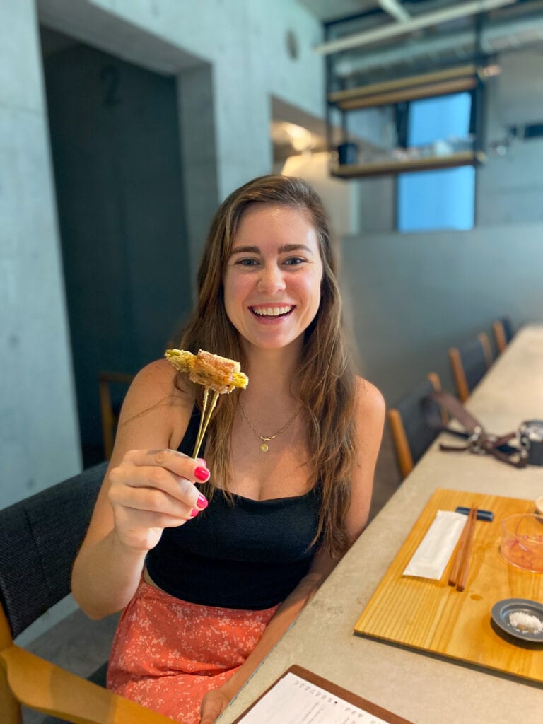 Sarah at gluten free kushiage su restaurant in Tokyo
