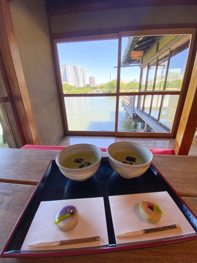 Matcha tea and confectionary at teahouse in Hamarikyu garden.