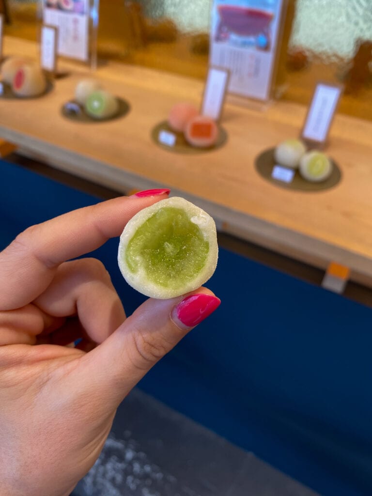 grape daifuku with a bite out of it.