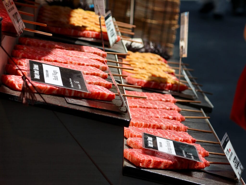 Wagyu beef skewers at Tsukiji Fish Market in Tokyo.