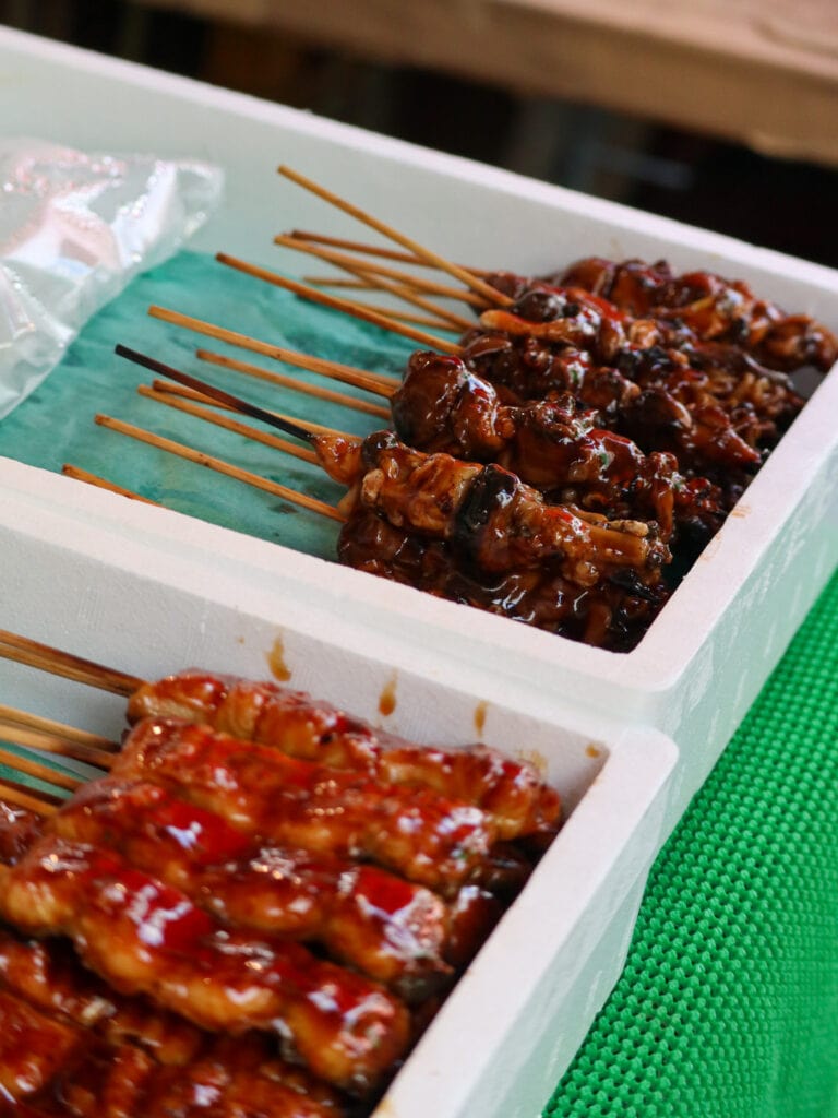 Marinated skewers at Tsukiji fish market.