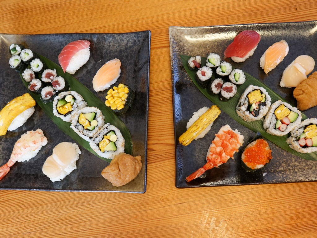 aerial view of two sushi plates