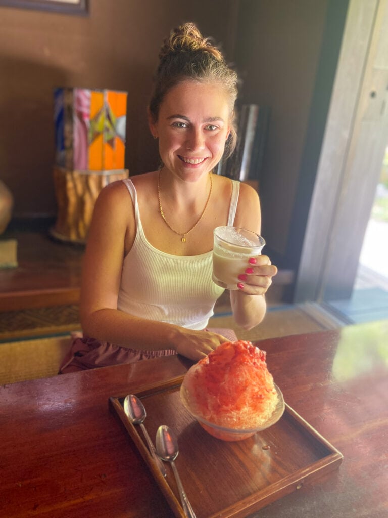 Sarah eating shaved ice in Japan.