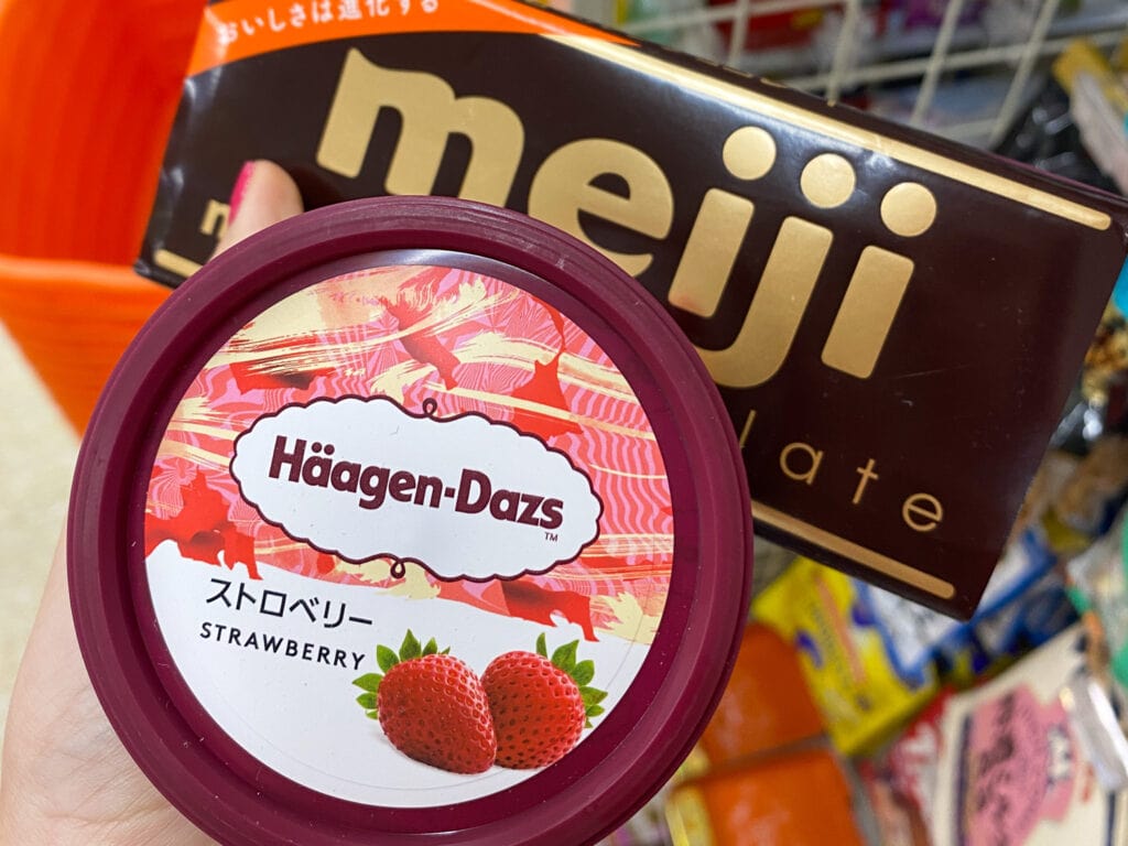 Haagen-Dazs strawberry ice cream and meiji chocolate from a 7-11 in Japan.