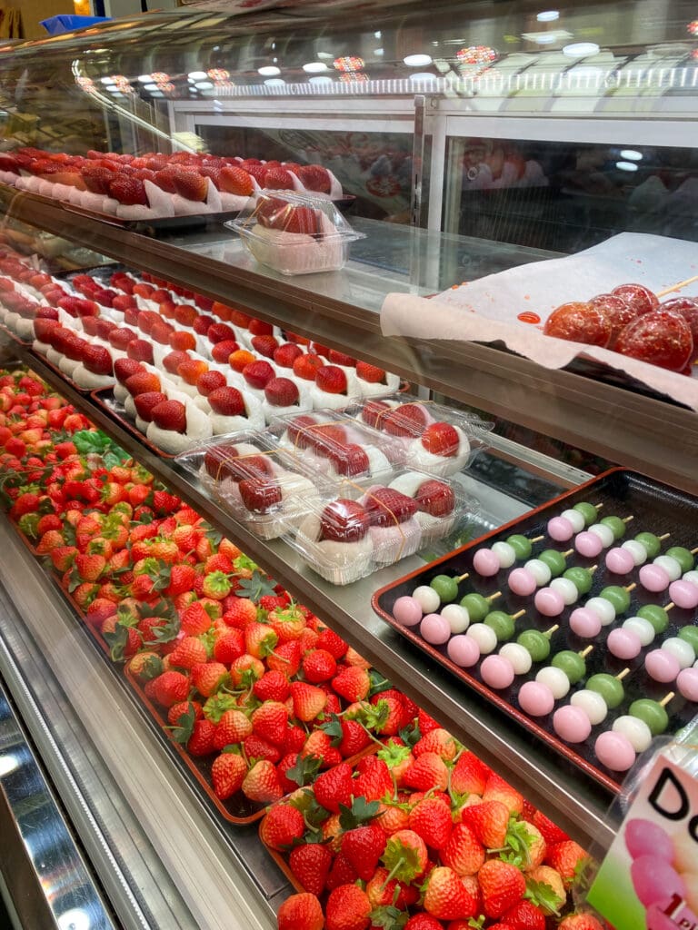 Dango, daifuku and strawberries.