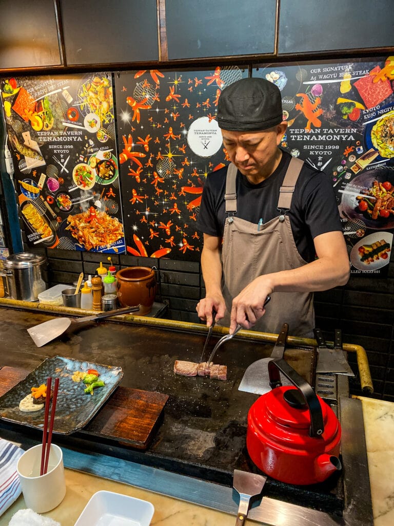 Japanese chef cooking wagyu beef.