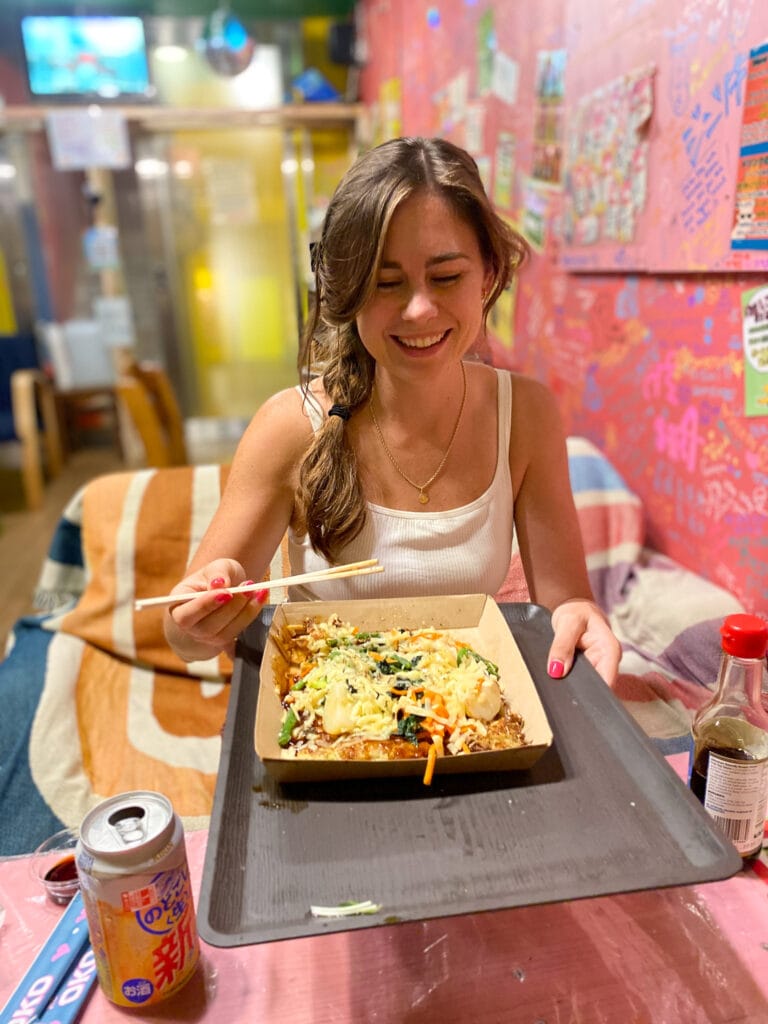 Sarah and gluten free okonomiyaki in Osaka Japan