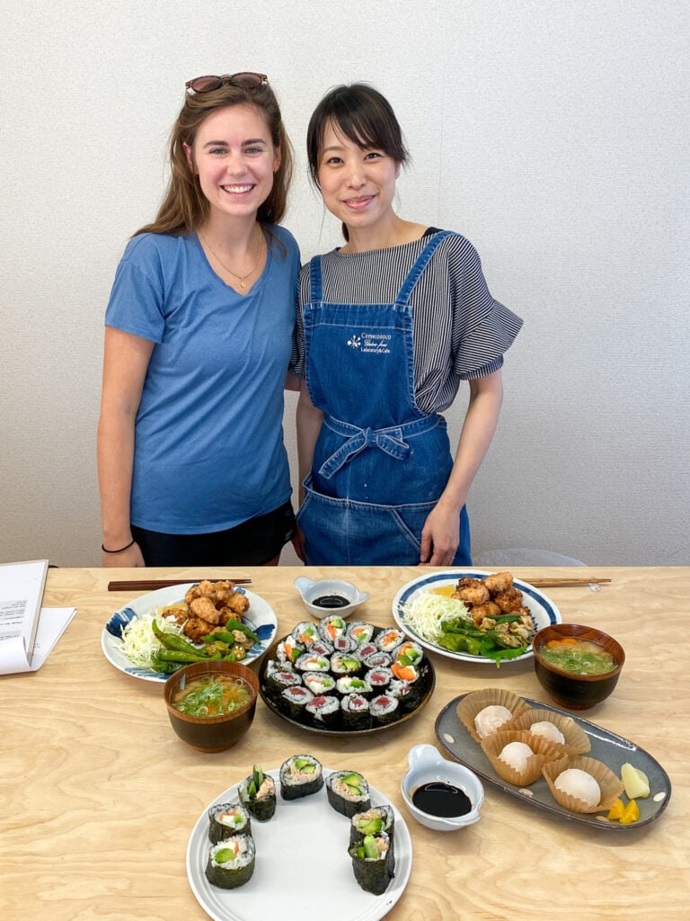 Sarah and Yukiko, the teacher and owner of Comeconoco gluten free cafe in Osaka Japan.