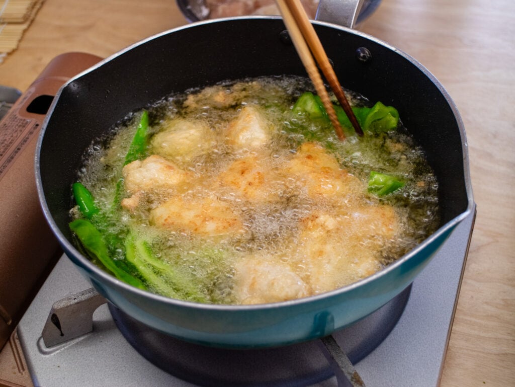 Pot of oil frying karaage