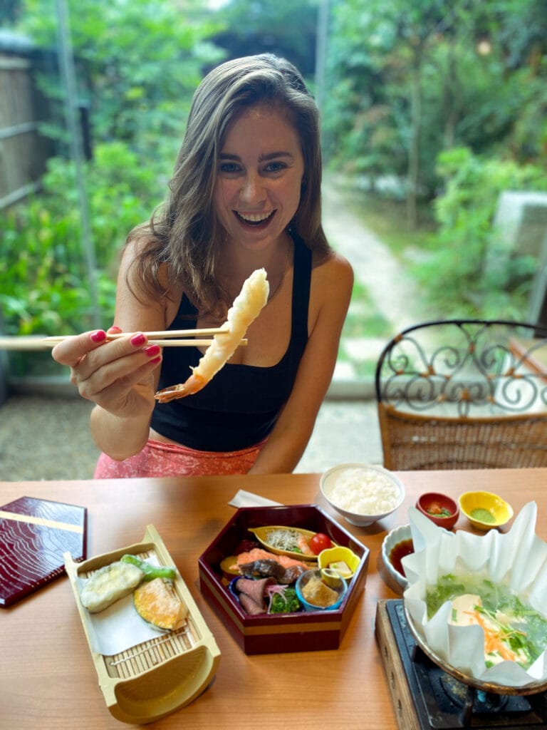 Sarah holding gluten free tempura