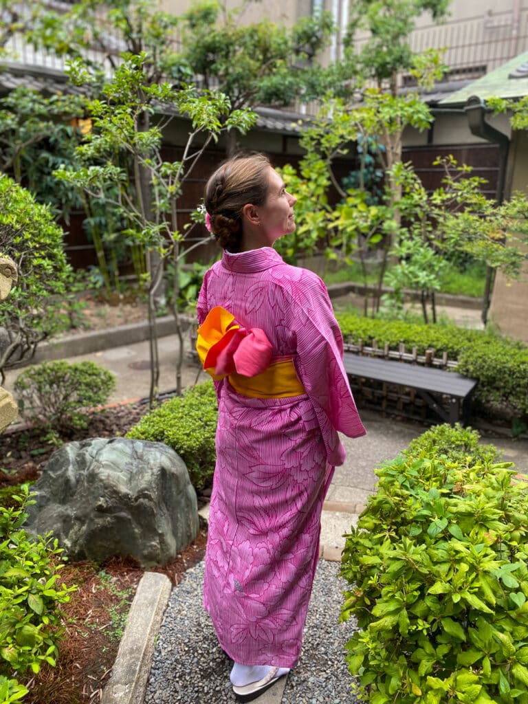 Sarah wearing a pink kimono in Kyoto Japan