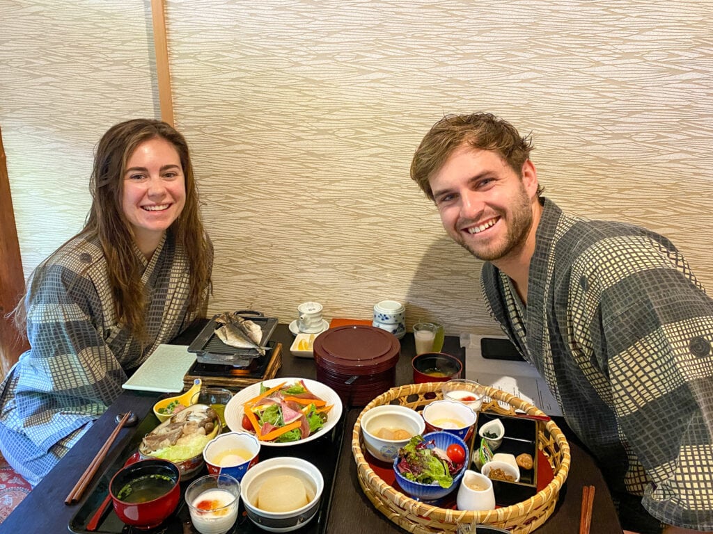 Sarah and Dan eating breakfast at ryokan in Hakone Japan.