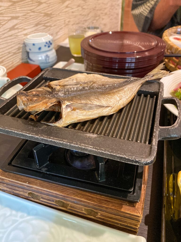 Roasting fish at ryokan in Hakone Japan