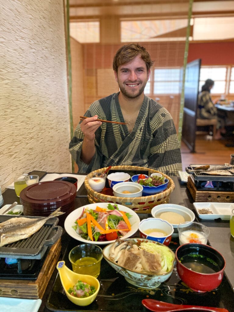 Dan with ryokan breakfast courtesy of gluten free tours japan