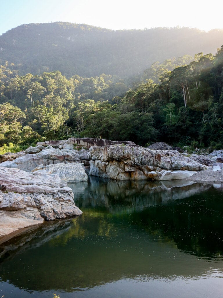 Pico Bonito National Park in Honduras at sunset over river