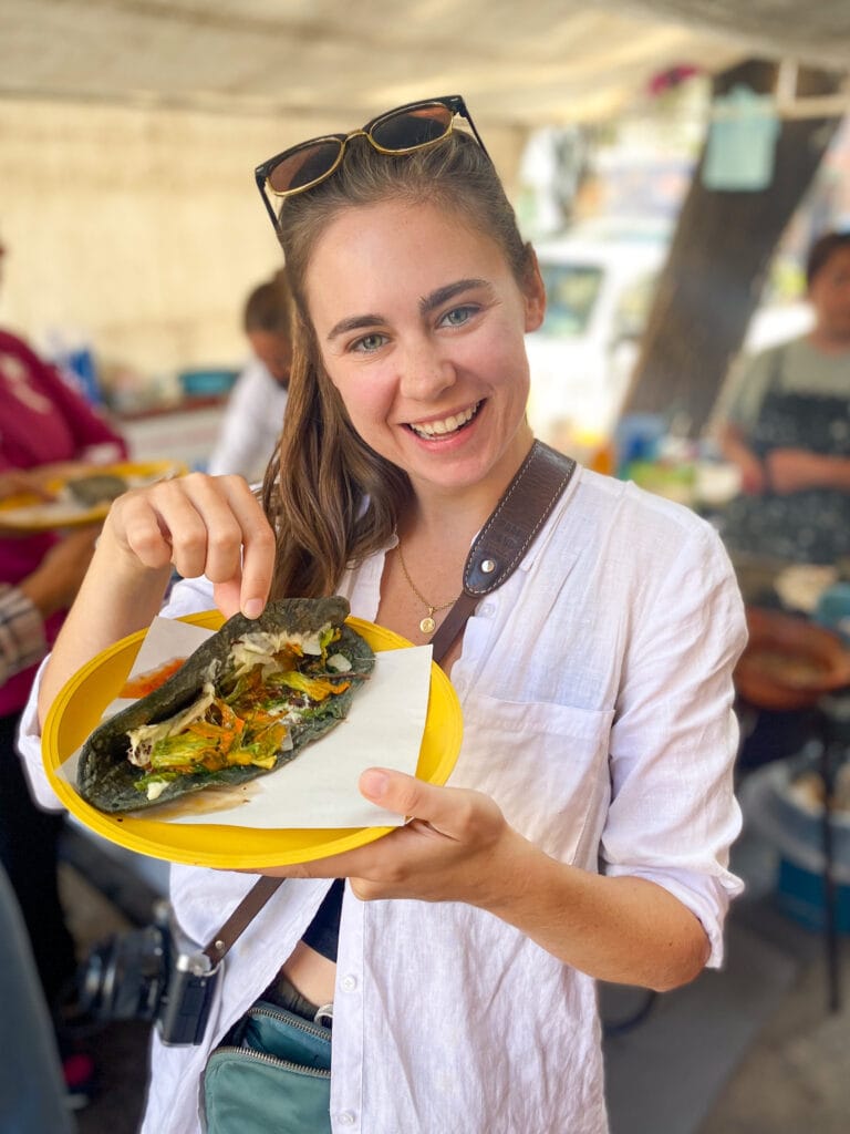 Sarah with blue corn quesadillas