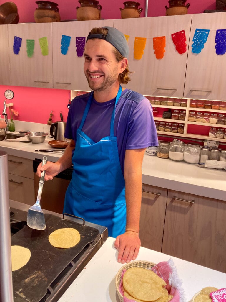 Dan cooking corn tortillas