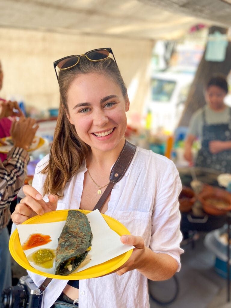 Sarah with blue corn quesadilla
