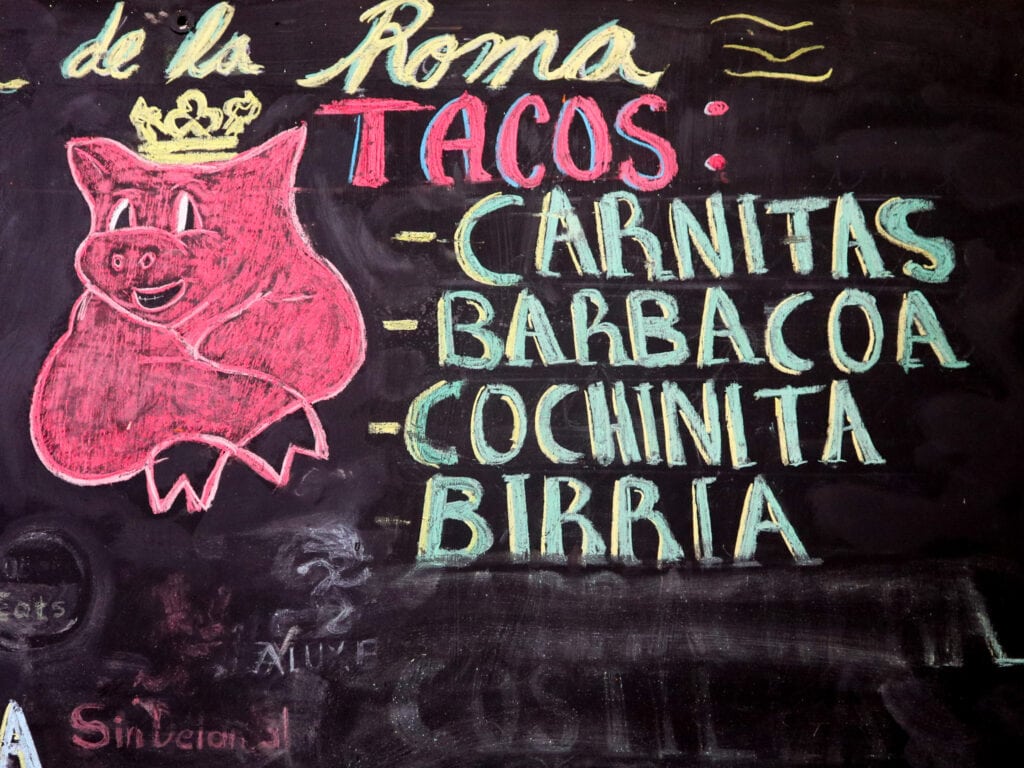 Blackboard menu sign at mexico city taqueria