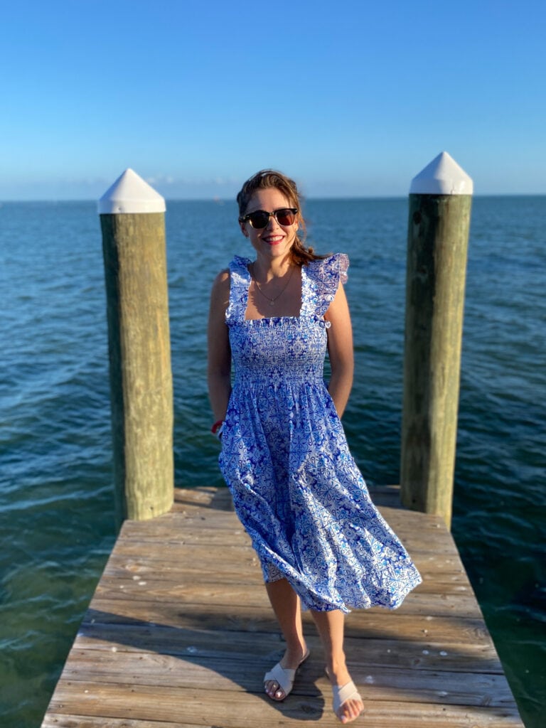 Sarah on dock by ocean at Postcard Inn in islamorada