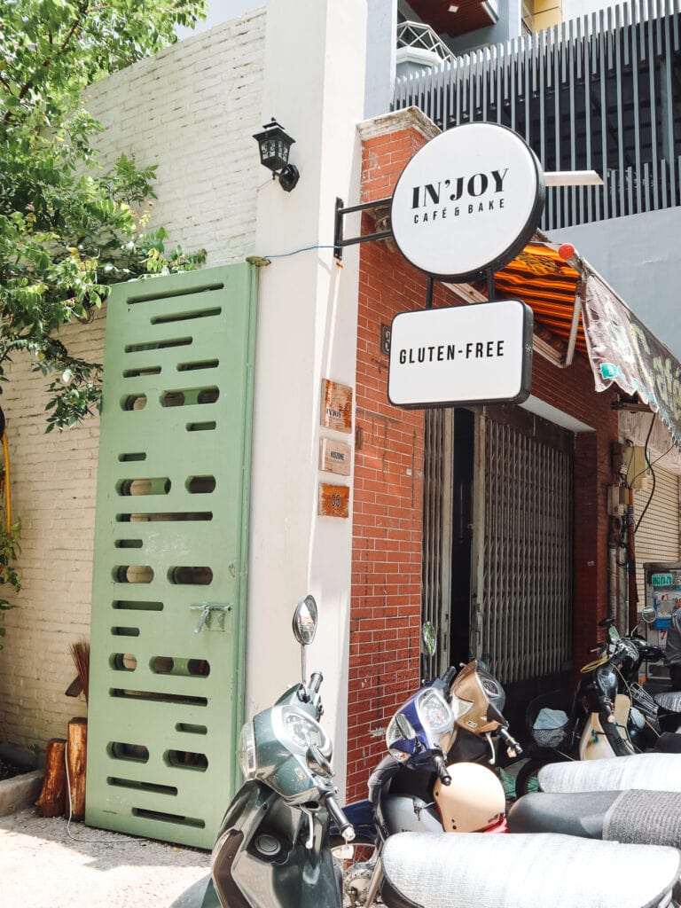 The outside entrance of In'Joy a gluten free cafe in Ho Chi Minh City Vietnam