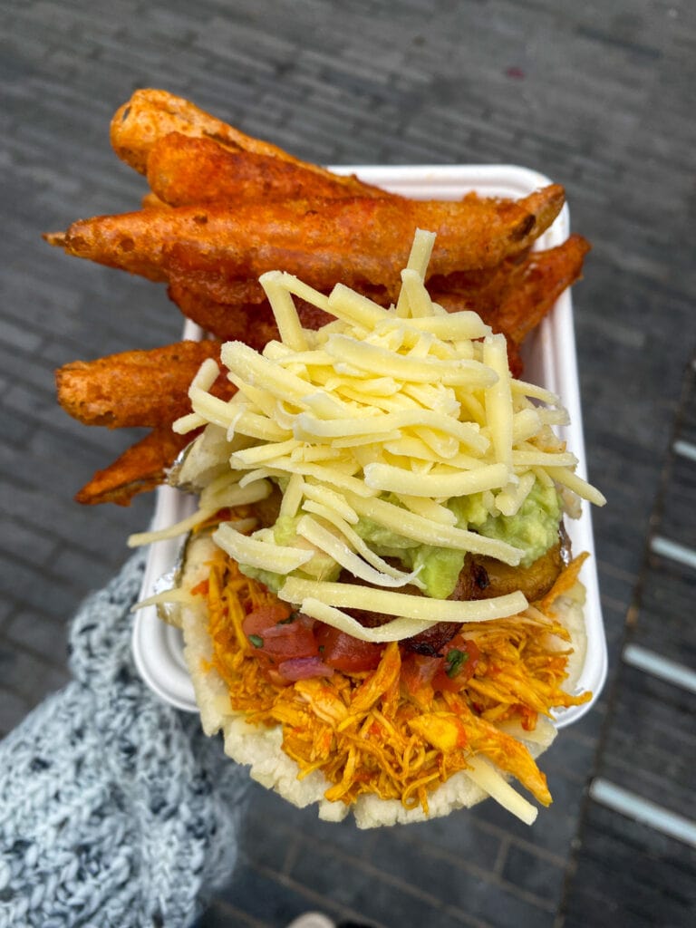 gluten free tempura sweet potato fries and arepa