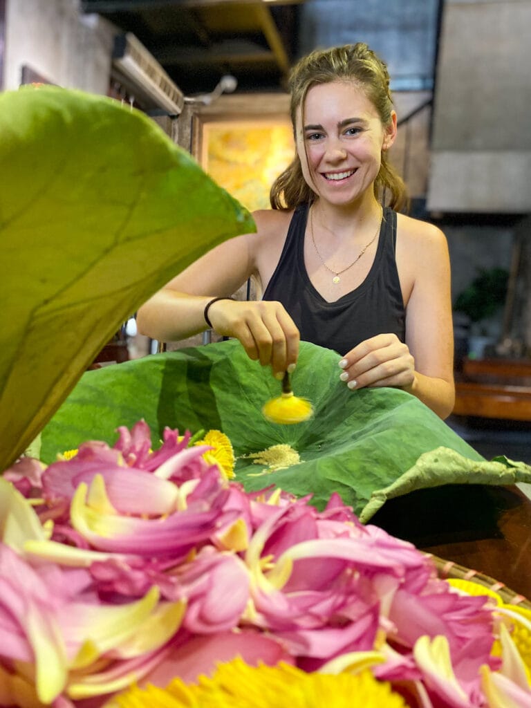 Sarah at lotus flower tea ceremony in Hanoi at Hien Minh Tea House