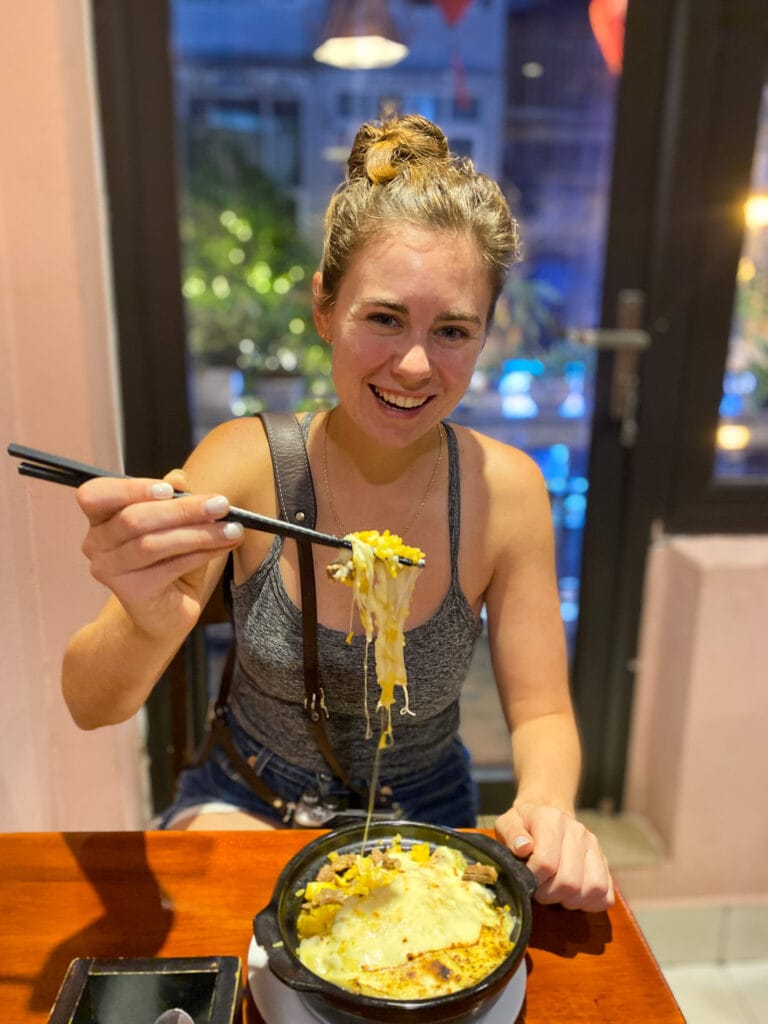 Sarah eating at Hong Hoai's Restaurant in Hanoi