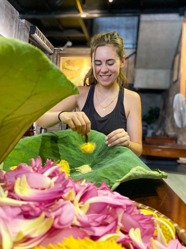 Sarah at lotus flower tea ceremony in Hanoi at Hien Minh Tea House