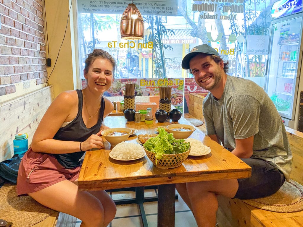 Sarah and Dan at Bun Cha Ta in Hanoi - a 100% gluten free restaurant.