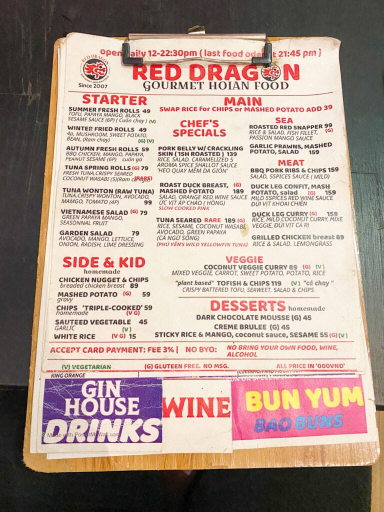 the menu at red dragon Hoi An restaurant